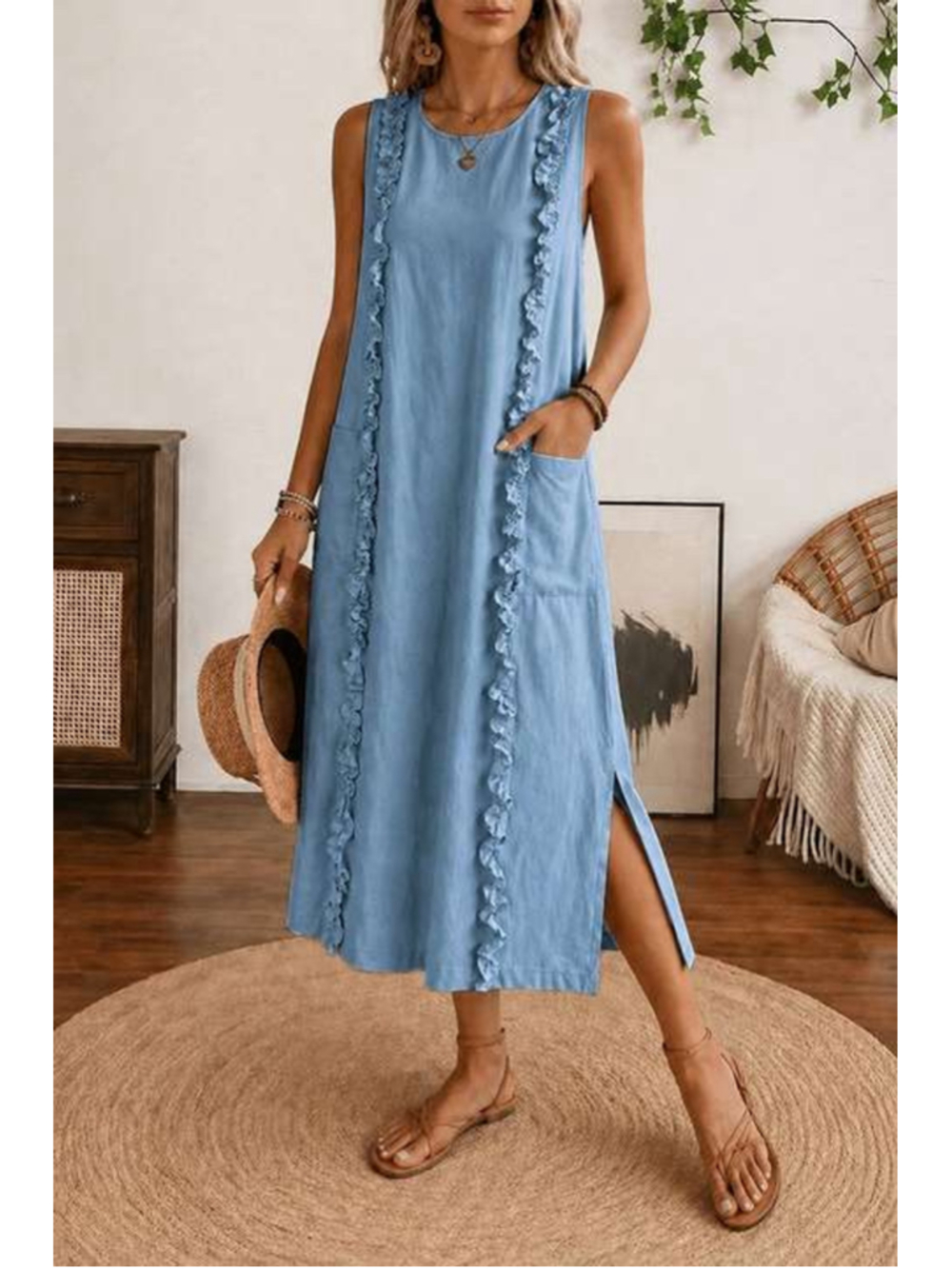 Flamingals Contrast Lace Split Pocket Round Neck Tank Midi Dress in Blue Largest